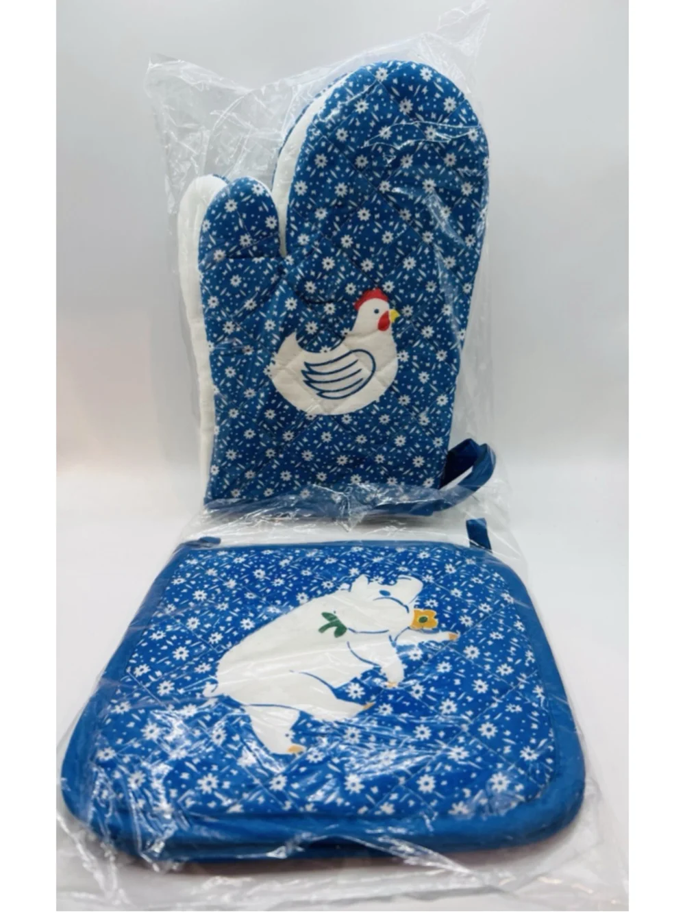 Set of (4) Vintage Country Calico Oven Mitt Pot Holder Blue Cow Pig Hen Duck NEW